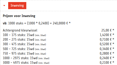screenshot van tabel met prijzen voor stoffen polsbandjes en de bijhorende levertermijn