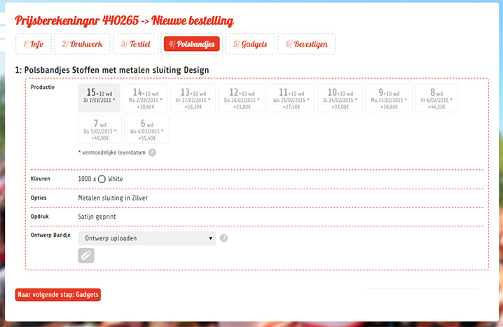 screenshot van een online bestelling festival bandjes waarbij de levertermijn getoond wordt
