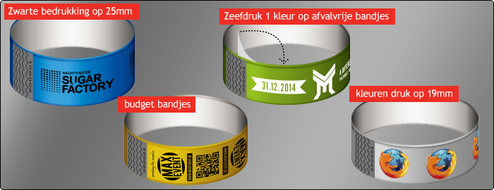 4 tyvek polsbandjes met de verschillende methodes van bedrukking