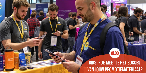 beurs met mannen die QR-code scanden en op hun smartphone kijken, de mannen dragen lanyards met badges