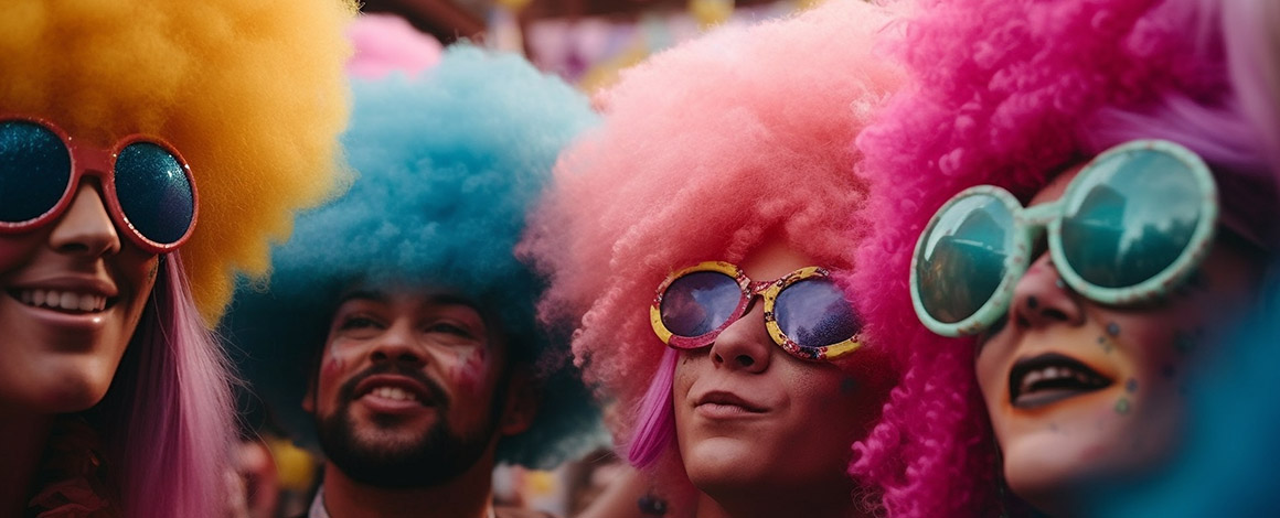 jongeren met make-up, kleurrijke pruiken en feestelijke zonnebrilletjes