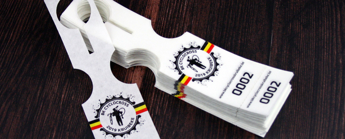 fietslabels met afscheurbaar nummer, bedrukt voor BK Cyclocross in Kruibeke in 2019