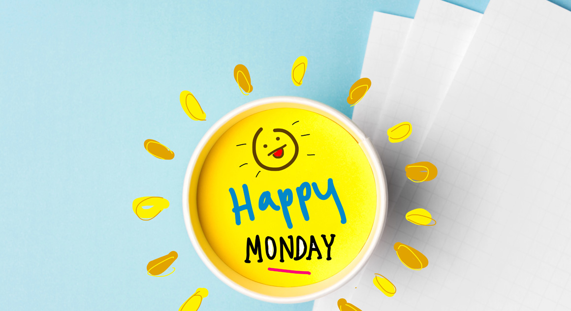 vrolijke tekening van een kopje met zonnestraaltjes en een tekst voor Happy Monday