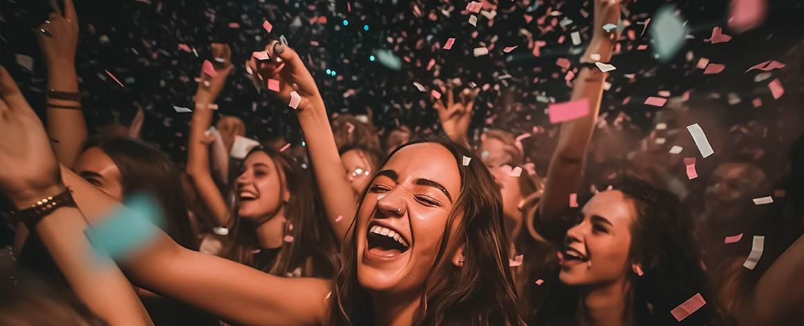 feestende mensen in een donkere zaal terwijl confetti in de lucht hangt
