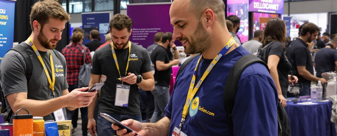 beurs met mannen die QR-code scanden en op hun smartphone kijken, de mannen dragen lanyards met badges