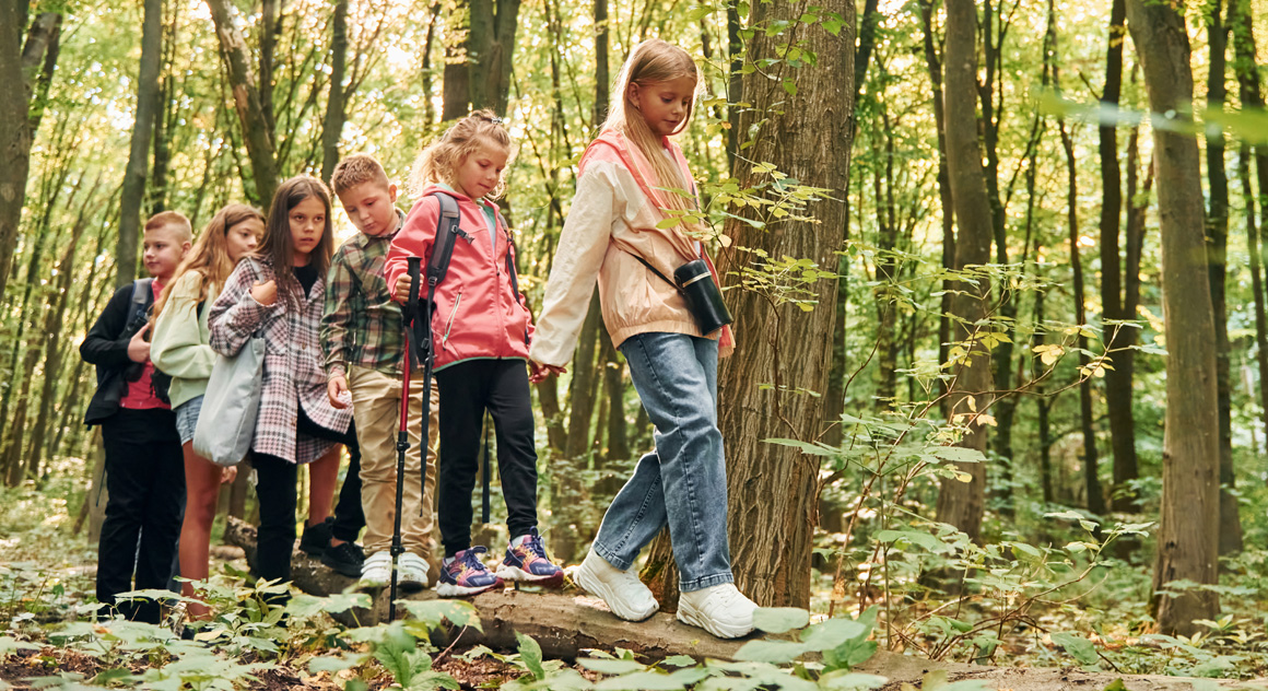 kinderen aan het wandelen in het bos