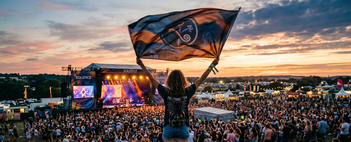 vrouw houdt een vlag op een festival vast terwijl ze naar het podium kijkt