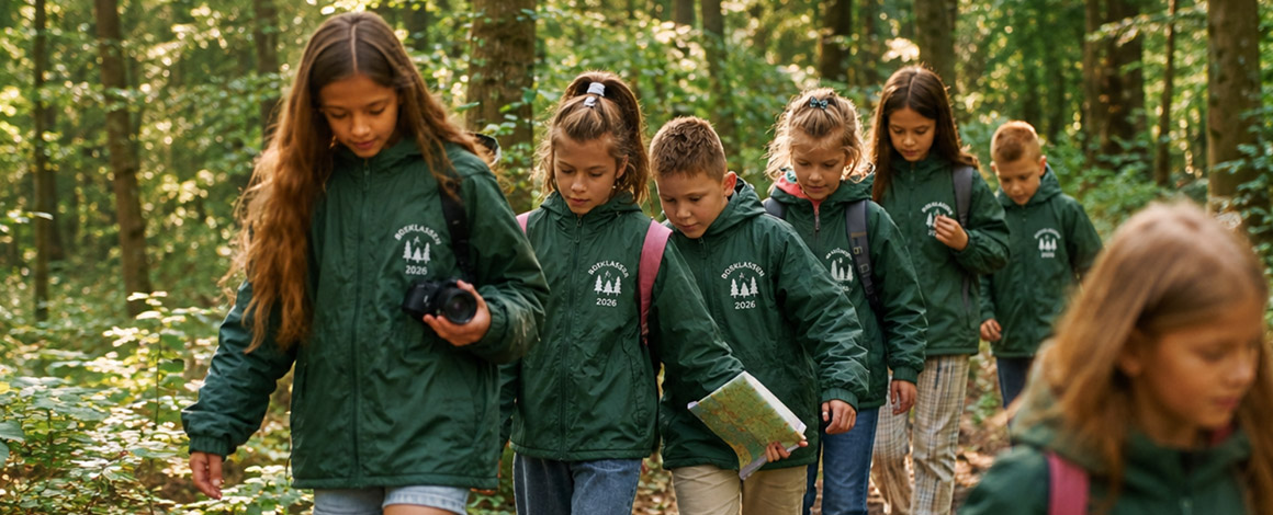 kinderen in gedrukte regenjasje wandelend in het bos