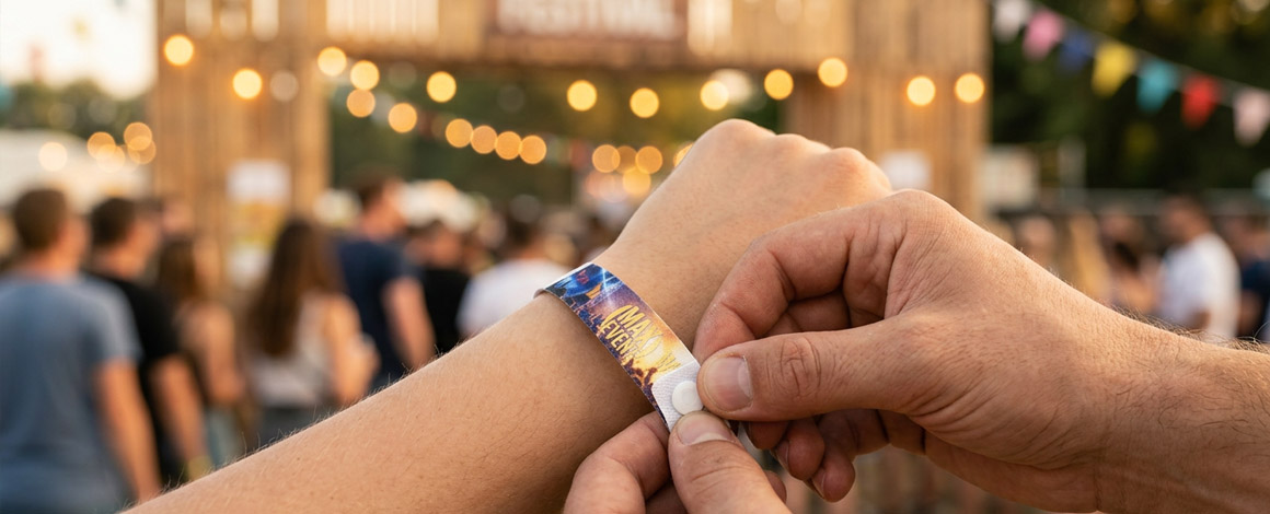 op een event doet iemand een polsbandje om bij iemand anders